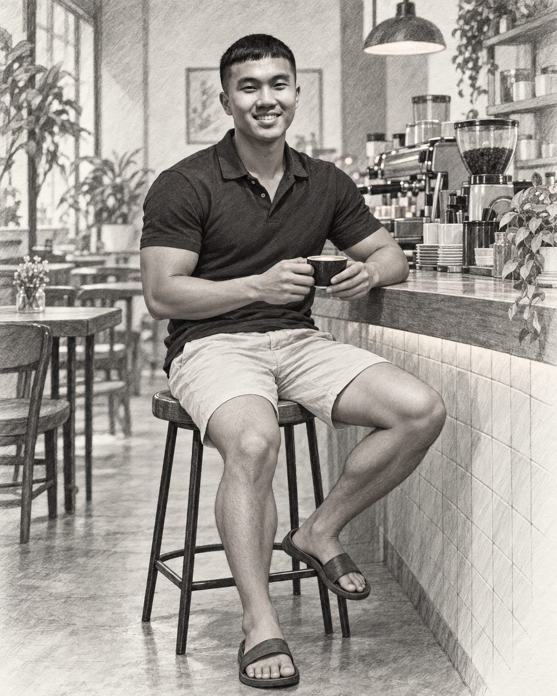 An ngồi quán, áo polo, hai tay cầm tách cà phê, cười.