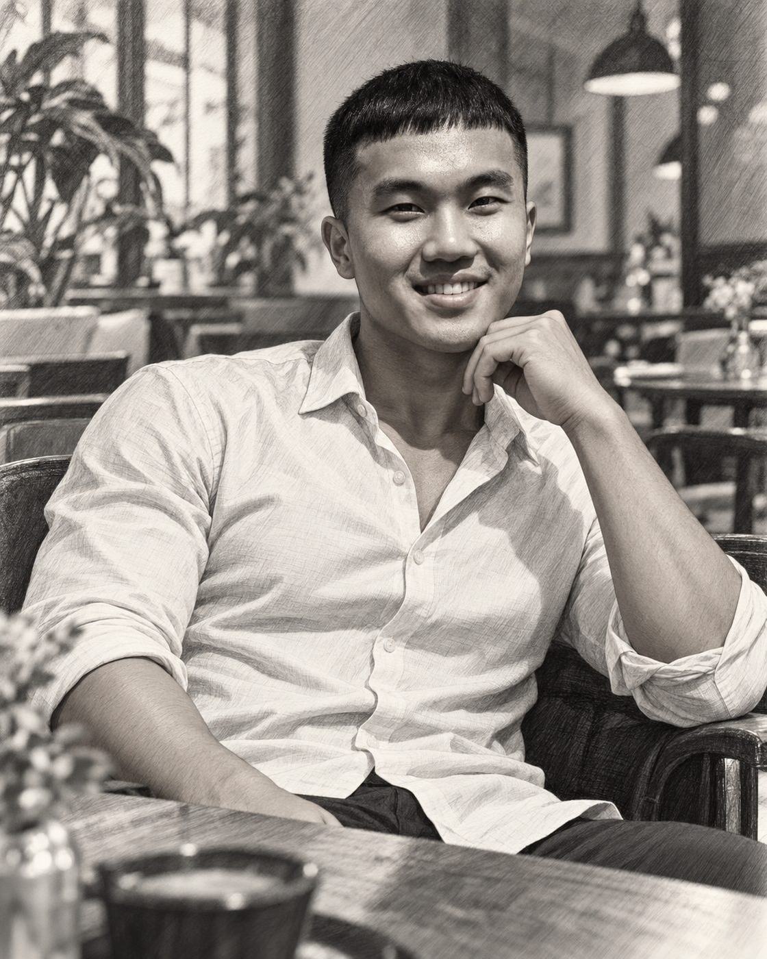 Chân dung An ngồi quán, sơ mi trắng, tranh bút chì.