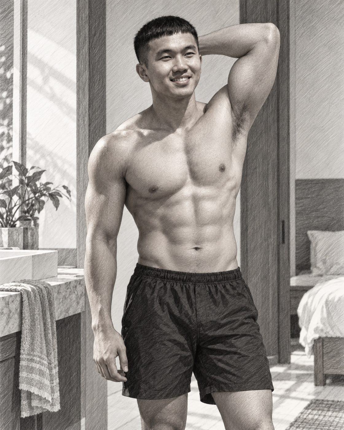 An đứng trong nhà sau giờ bơi, quần bơi, một tay sau gáy.