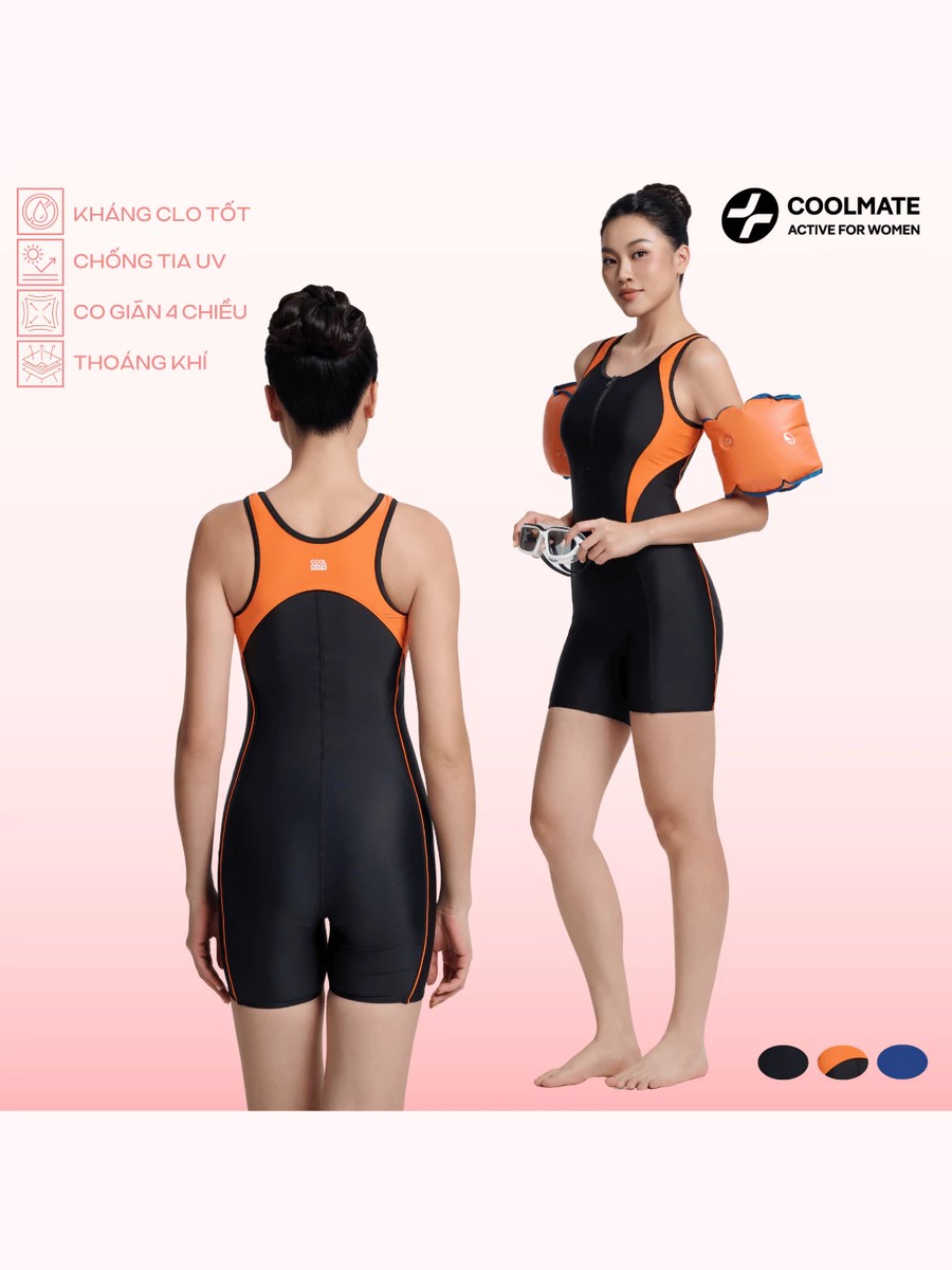 Đồ bơi nữ Coolmate một mảnh ống ngắn, đen phối cam, mặt trước và mặt sau.