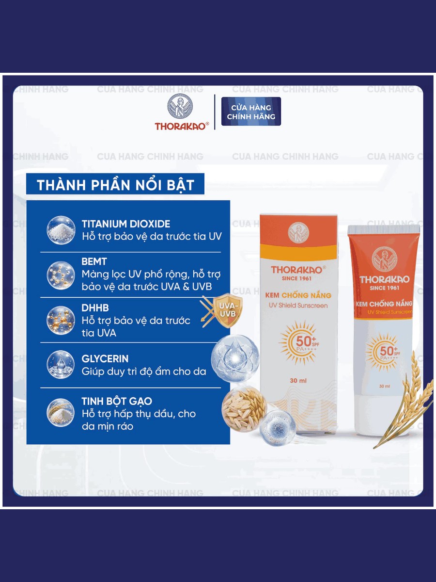 Kem chống nắng Thorakao SPF 50+ PA++++, tuýp và hộp 30 ml.
