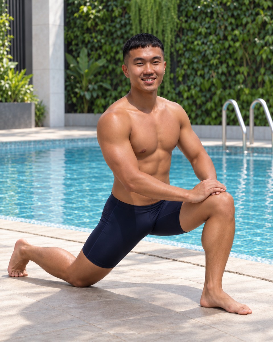 An khởi động bên hồ, một chân quỳ, hai tay đặt lên gối.