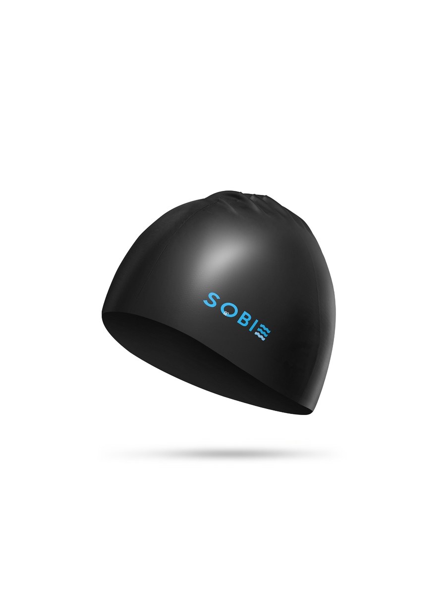 Nón bơi silicon SOBIE màu đen, chữ xanh, ảnh sản phẩm của nhà bán hàng.