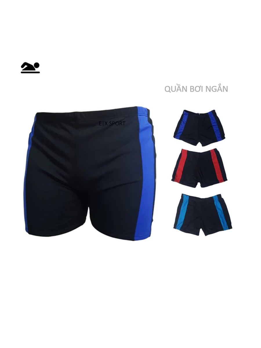 Quần bơi ngắn nam EIX SPORT, đen sọc xanh, kèm mẫu sọc đỏ và sọc xanh nhạt.
